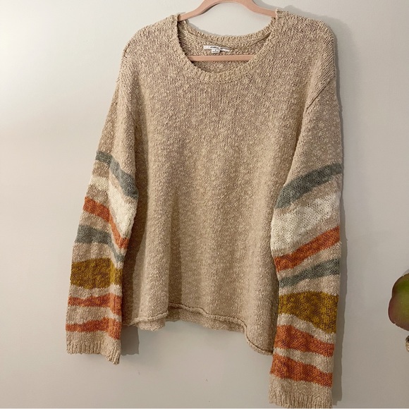 SOLD**O’Neill Tan Knit Sweater Stripe Bell Sleeves Size Large - Picture 2 of 4